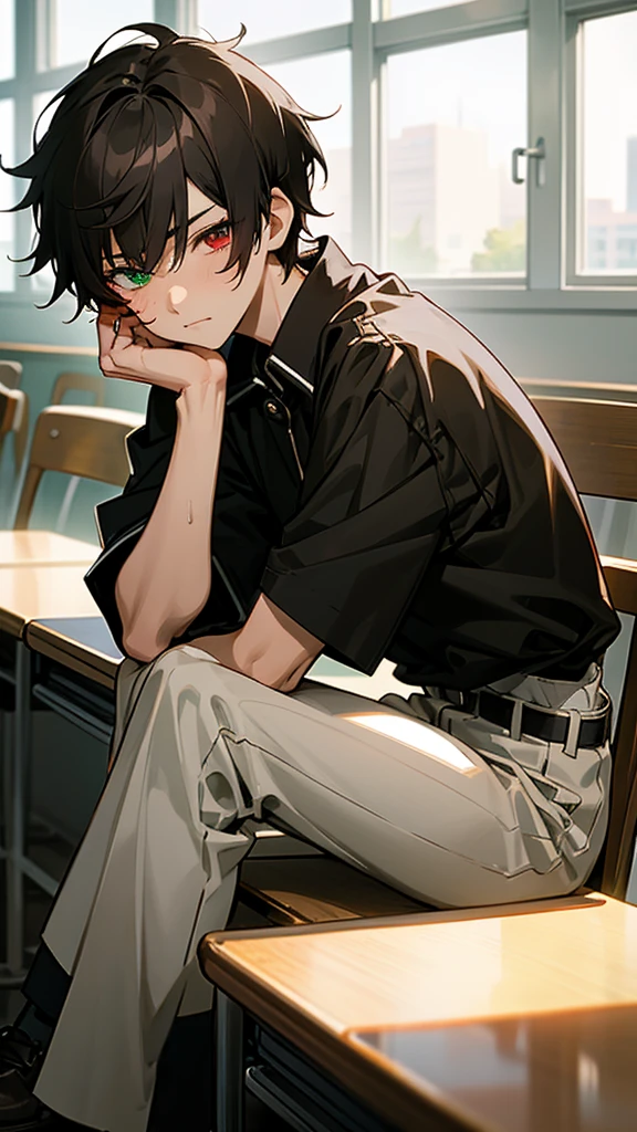 anime: A -yeld an boy was sitting in the cafeteria of his high school., He had facial features that made him look cute., His short hair was dark brown., He had heterochromia which differentiated him from the rest., with his left eye green and the other red, He seemed somewhat disinterested around him., I was not eating, in fact, I just looked at the window thoughtfully