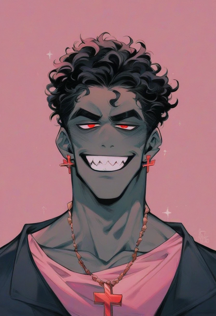 a man with black skin with curly red hair, he wears a pink shirt with a brown coat and a necklace with an inverted cross attached to it as a pendant, he has red eyes with distorted pupils and a three-pointed scar in the middle of his head. forehead, he wears red pebble earrings, he wears black dress pants and mid-calf boots with high heels, he has a horrifying smile with several crooked teeth, he stares at you in an extremely frightening way, he is handsome with a elegant yet extremely hideous and strange way.