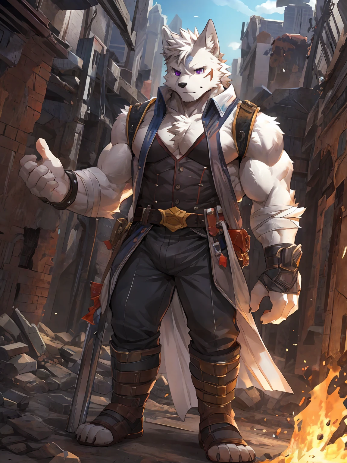embedding:black wolf, male,purple eyes,Scar on the face, scar on the body,Single person,The end of the world,sit in the ruins,His leg was bandaged,A shabby uniform,Modern cities,A heavy expression,Serious expression, a little sad.Fleshy thighs,Thigh straps,With an iron bar in his hand,The highest quality of scene detail,adult,Tall and powerful,muscle,Best quality hands, best quality eye,detailed fur,Delicate eyes.Extreme picture quality,by sollyz,by zixiong,by milkytiger1145