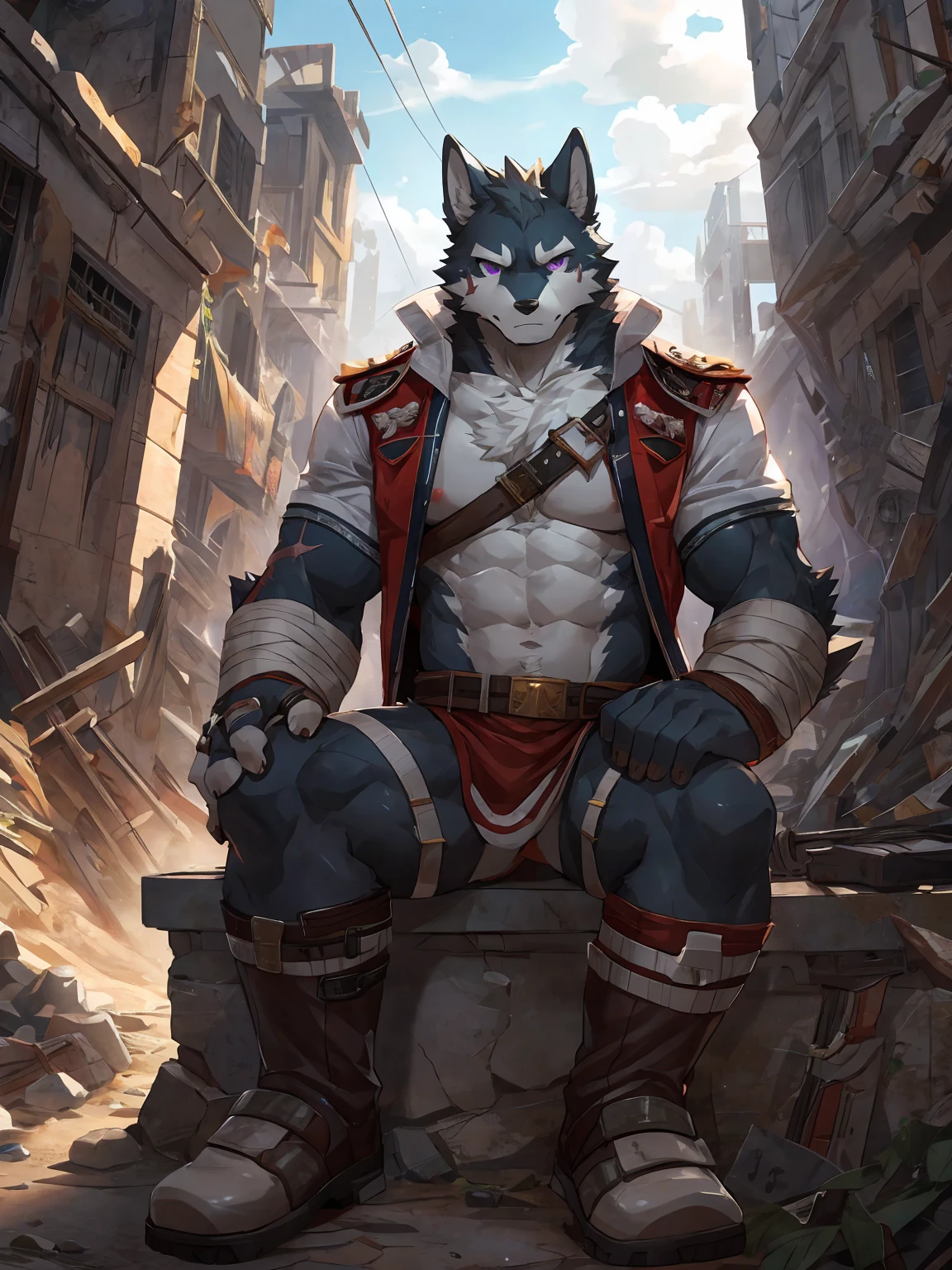 embedding:black wolf, male,purple eyes,Scar on the face, scar on the body,Single person,The end of the world,sit in the ruins,His leg was bandaged,A shabby uniform,Modern cities,A heavy expression,Serious expression, a little sad.Fleshy thighs,Thigh straps,With an iron bar in his hand,The highest quality of scene detail,adult,Tall and powerful,muscle,Best quality hands, best quality eye,detailed fur,Delicate eyes.Extreme picture quality,by sollyz,by zixiong,by milkytiger1145