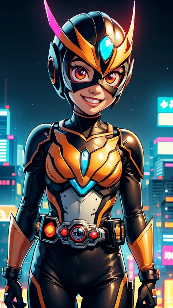 (8k),(masterpiece),(Japanese),(),((innocent look)),((Childish)),From the front,smile,cute,Innocent,Kind eyes,Flat chest,black helmet,orangedomino mask,Tiana, bald,no Hair,Strong wind,night,dark, Neon light cyberpunk city,Kamen_Rider,camisa