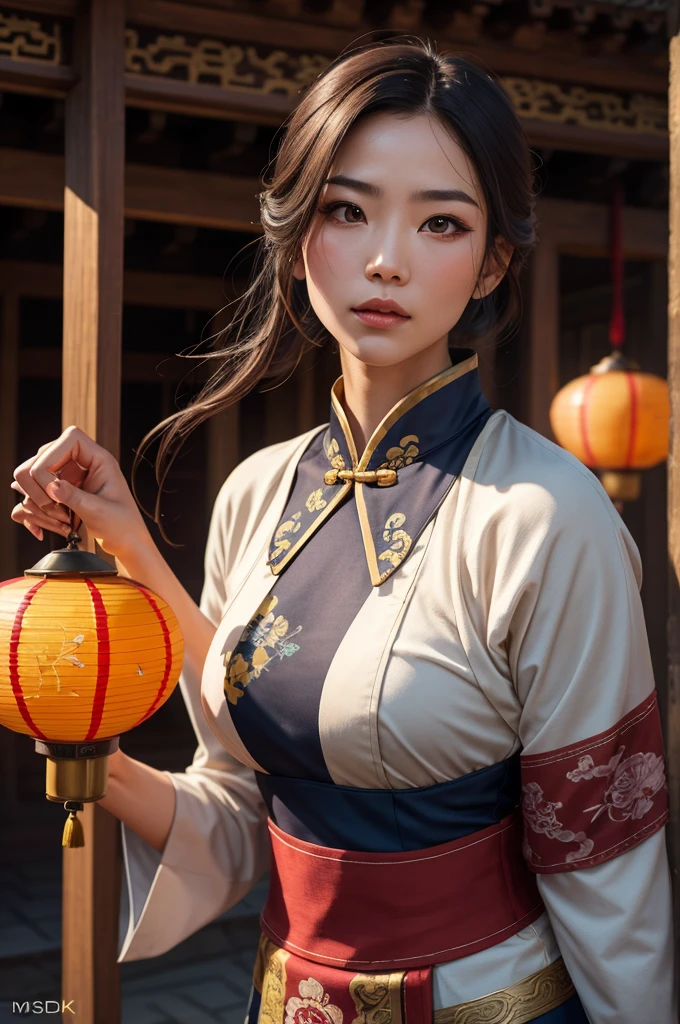 a young woman, brown mid-length hair, master martial artist, fantasy character, (best quality,4k,8k,highres,masterpiece:1.2),ultra-detailed,(realistic,photorealistic,photo-realistic:1.37),extremely detailed eyes and face, longeyelashes, beautiful detailed eyes, beautiful detailed lips, intricate costume, detailed traditional chinese martial art uniform, dynamic pose, intense focused expression, detailed background, ancient chinese architecture, lanterns, pagoda, mist, dramatic lighting