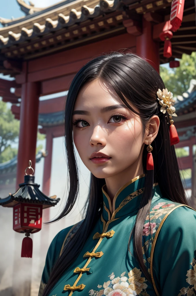 a young woman, brown mid-length hair, master martial artist, fantasy character, (best quality,4k,8k,highres,masterpiece:1.2),ultra-detailed,(realistic,photorealistic,photo-realistic:1.37),extremely detailed eyes and face, longeyelashes, beautiful detailed eyes, beautiful detailed lips, intricate costume, detailed traditional chinese martial art uniform, dynamic pose, intense focused expression, detailed background, ancient chinese architecture, lanterns, pagoda, mist, dramatic lighting