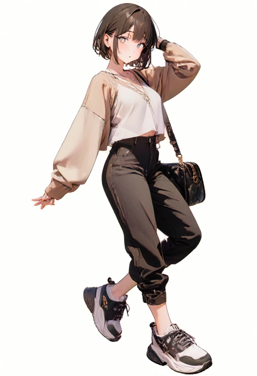 (Masterpiece, best quality: 1.2, 8K), center, full body, 20s, one adult girl, cool fashion, casual pants, simple sneakers, simple background, white background, open eyes, delicate eyes, beautiful eyes,