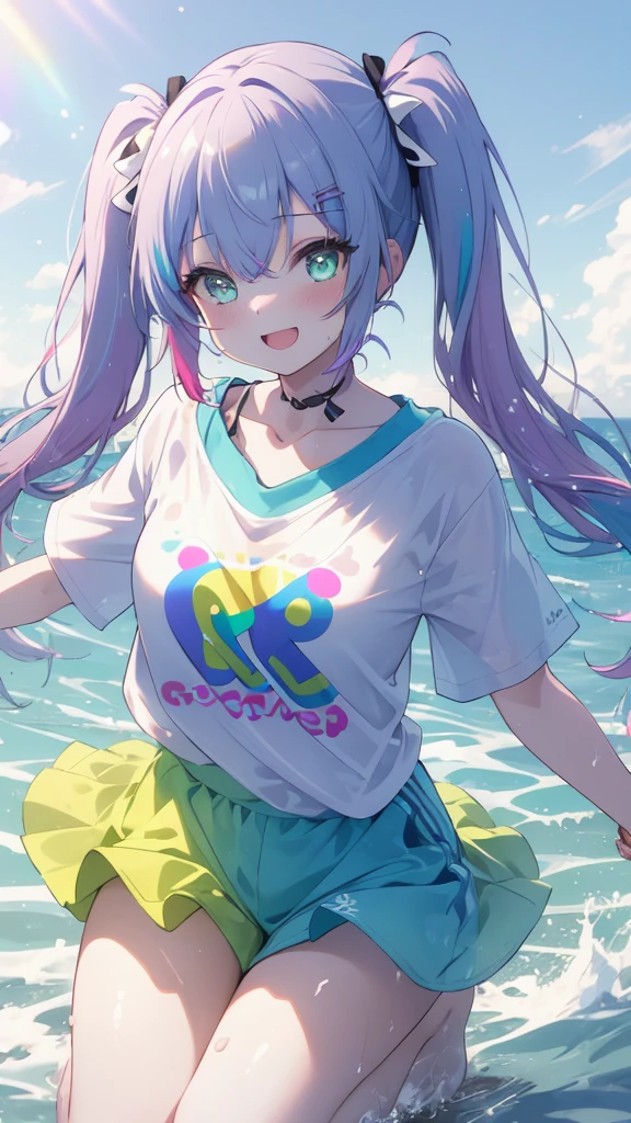 (8K, best quality, master piece: 1.2),super high resolution,1 girl, solo, full body ,ultra-detailed face, smile,  Rainbow hair, (Pigtails:1.3), thin hair clip, cyan colorshift eyes, expressive eyes, collarbone, Ecstatic expression,  T-Shirts ,above her knees, sea , Splash, Divine Light ,
