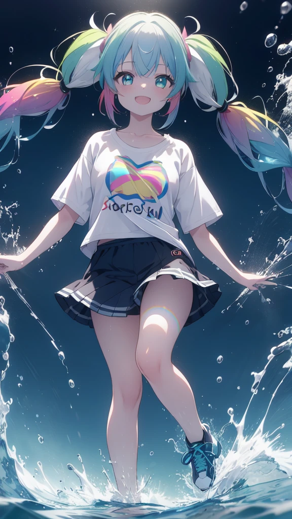 (8K, best quality, master piece: 1.2),super high resolution,1 girl, solo, full body ,ultra-detailed face, smile, Rainbow hair, (Pigtails:1.3), thin hair clip, cyan colorshift eyes, expressive eyes, collarbone, Ecstatic expression, T-Shirts ,above her knees, sea , Splash, Divine Light ,