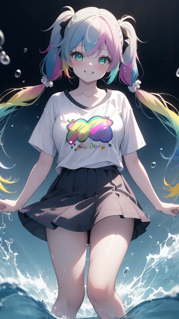 (8K, best quality, master piece: 1.2),super high resolution,1 girl, solo, full body ,ultra-detailed face, smile, Rainbow hair, (Pigtails:1.3), thin hair clip, cyan colorshift eyes, expressive eyes, collarbone, Ecstatic expression, T-Shirts ,above her knees, sea , Splash, Divine Light ,
