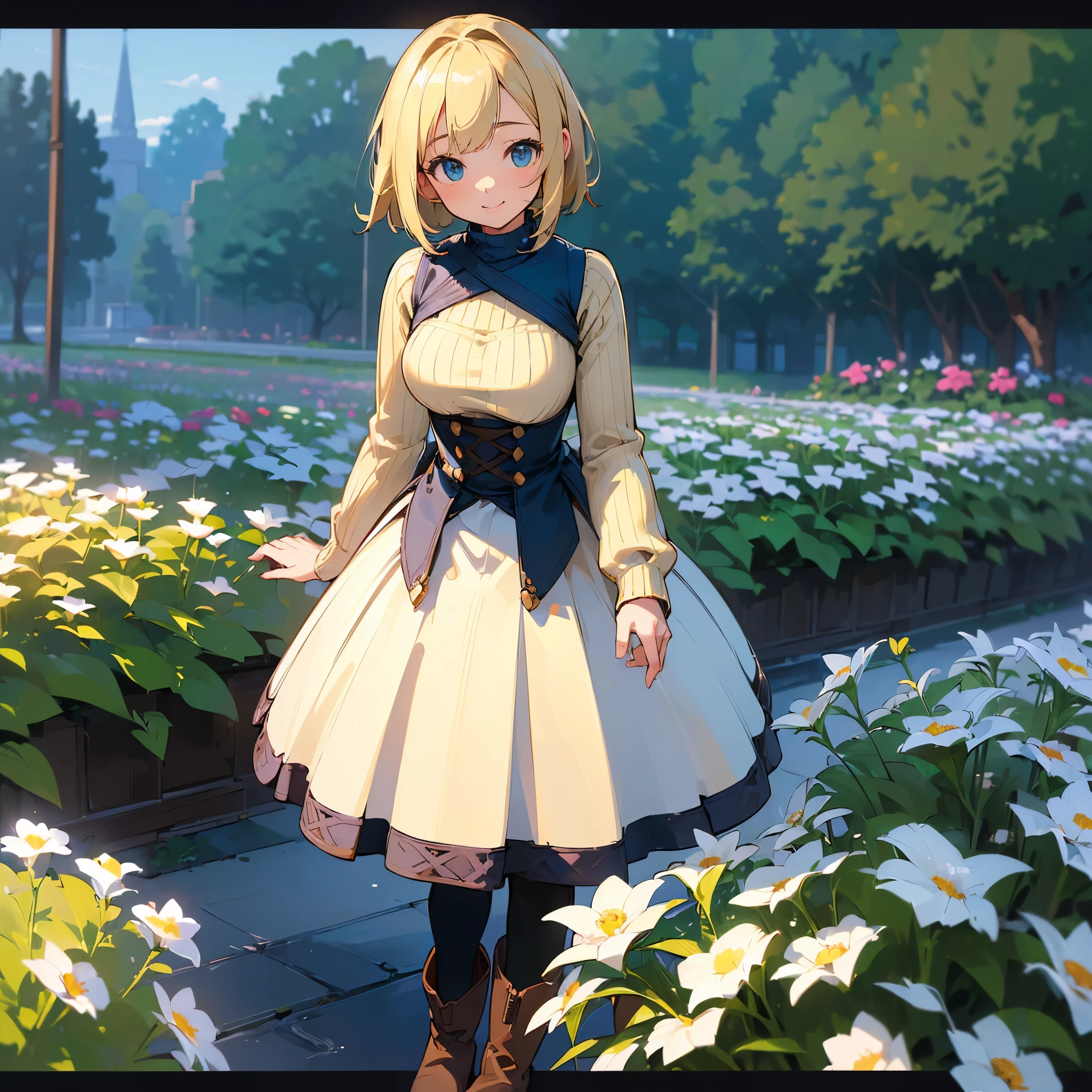 (high quality, High resolution, Very detailed, reality:1.37), Peaceful atmosphere, (Outdoor, garden), girl standing alone, (my breasts are big.), Beautiful details, Cute Smile, (Blonde Bob Hair), Ribbed sweater, Blue Skirt, Black tights, Brown boots.
