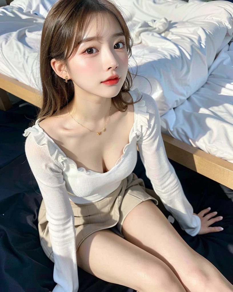 (8k、RAW Photos、Best image quality、masterpiece:1.3)、(Realistic、Photorealistic:1.3)、One Girl、(cute:1.3)、(Small Tits:1.3)、(sunlight)、(sunlight)、(Red sunlight)、Sunee、(Look at the viewers:1.3)、Wavy long hair、(Earringouth closed、Urzan-6500-v1.1:0.5. Green wool skirt、There is a woman sitting on the ground next to the bed., 若くてcute女の子, 2 4-year-old female model, cute若い女性, Gorgeous Young Korean Woman, Good young girl, Beautiful Asian Girl, Gorgeous Chinese Model, Korean Girls, cute若い女の子, cute若い女性, Beautiful face with arms and legs, sakimichan, cute女の子