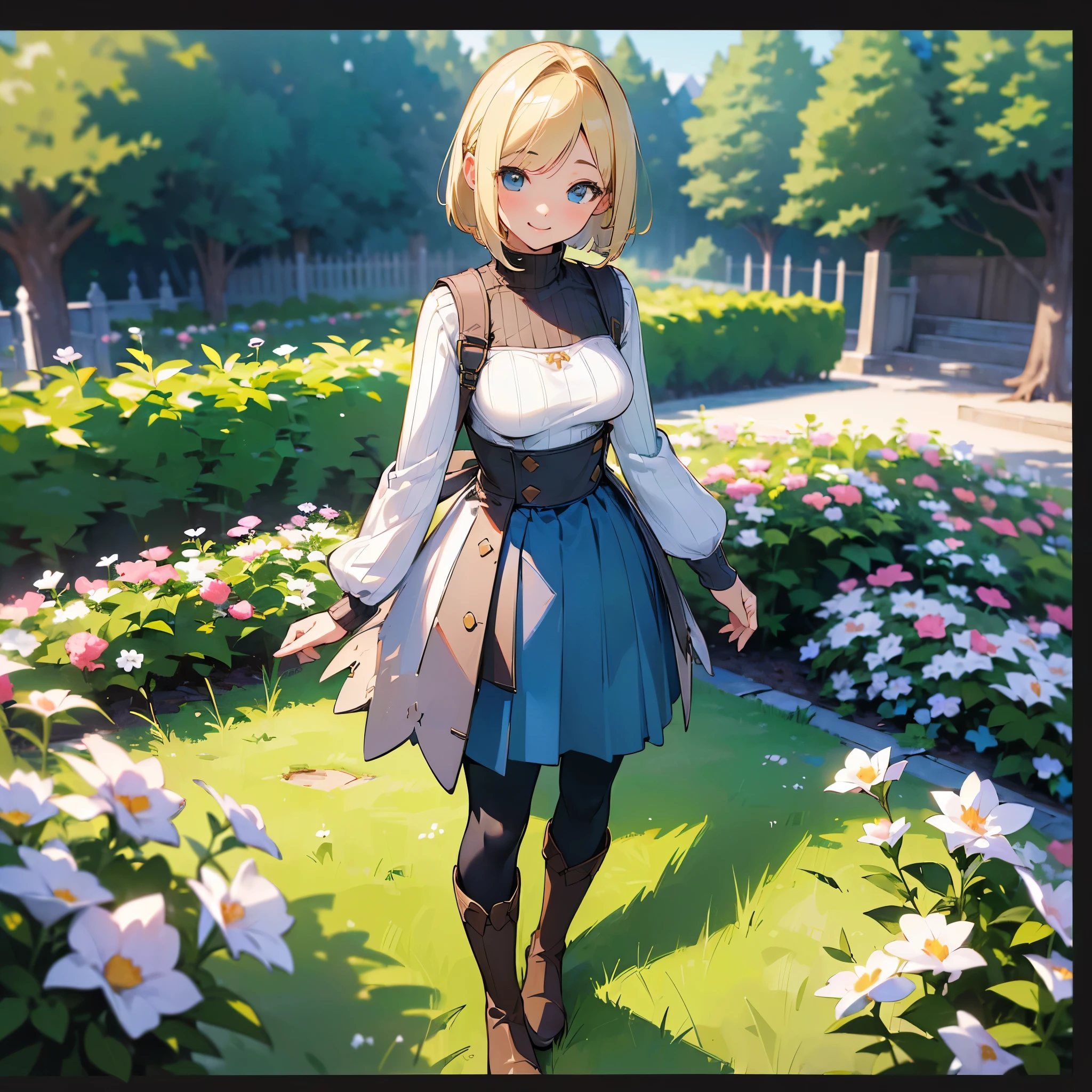 (high quality, High resolution, Very detailed, reality:1.37), Peaceful atmosphere, (Outdoor, garden), age girl standing alone, (my brea big.), Beautiful details, Cute Smile, (Blonde Bob Hair), Ribbed sweater, Blue Skirt, Black tights, Brown boots.