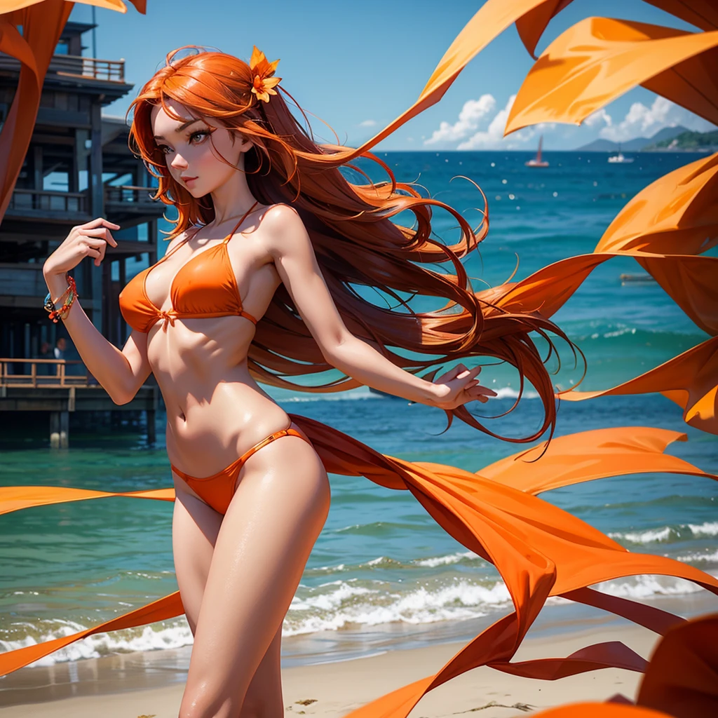 Wearing sexy orange bikini, graceful figure, coquettish, pier front, random enchanting movements, facing the camera, imaginative, first love