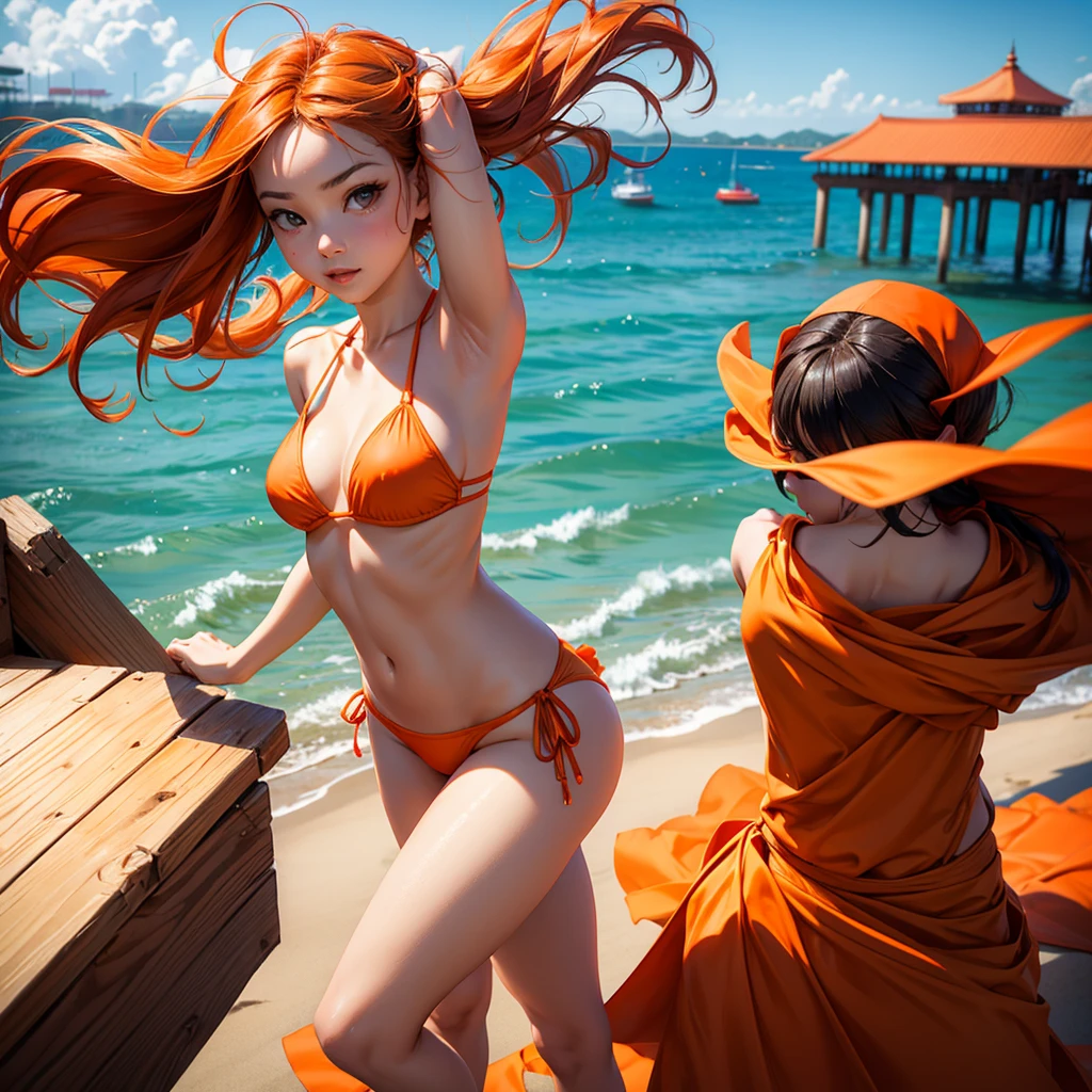 Wearing sexy orange bikini, graceful figure, coquettish, pier front, random enchanting movements, facing the camera, imaginative, first love