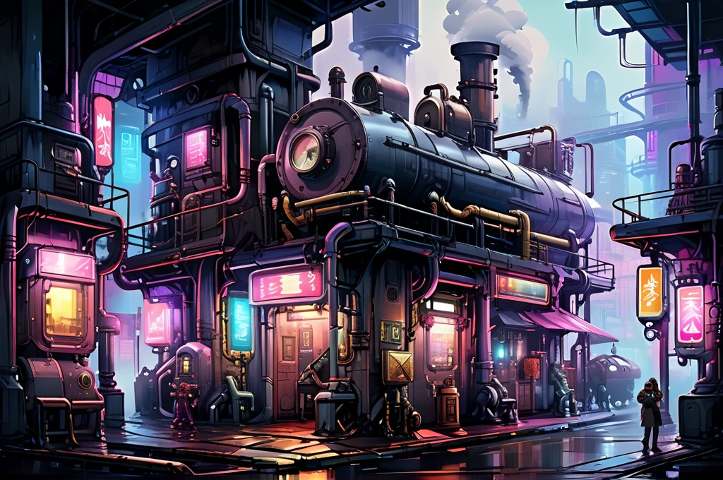 2d game scene, oil and watercolor painting, steampunk scene, cyberpunk elements, neon lights, steam, fog, (masterpiece:1.2), best quality ghist city