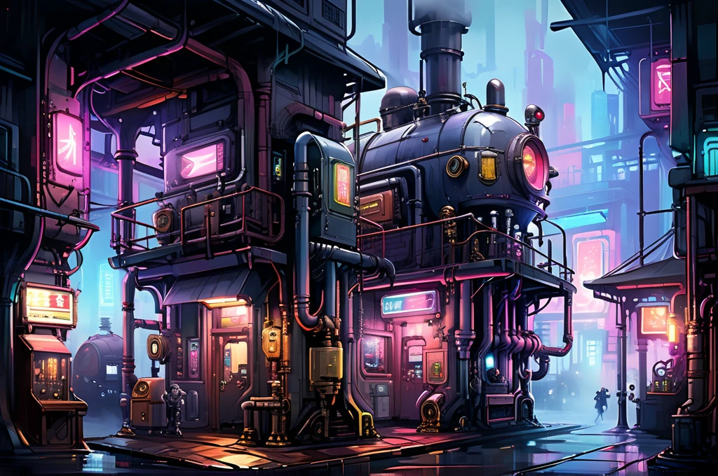 2d game scene, oil and watercolor painting, steampunk scene, cyberpunk elements, neon lights, steam, fog, (masterpiece:1.2), best quality ghist city 