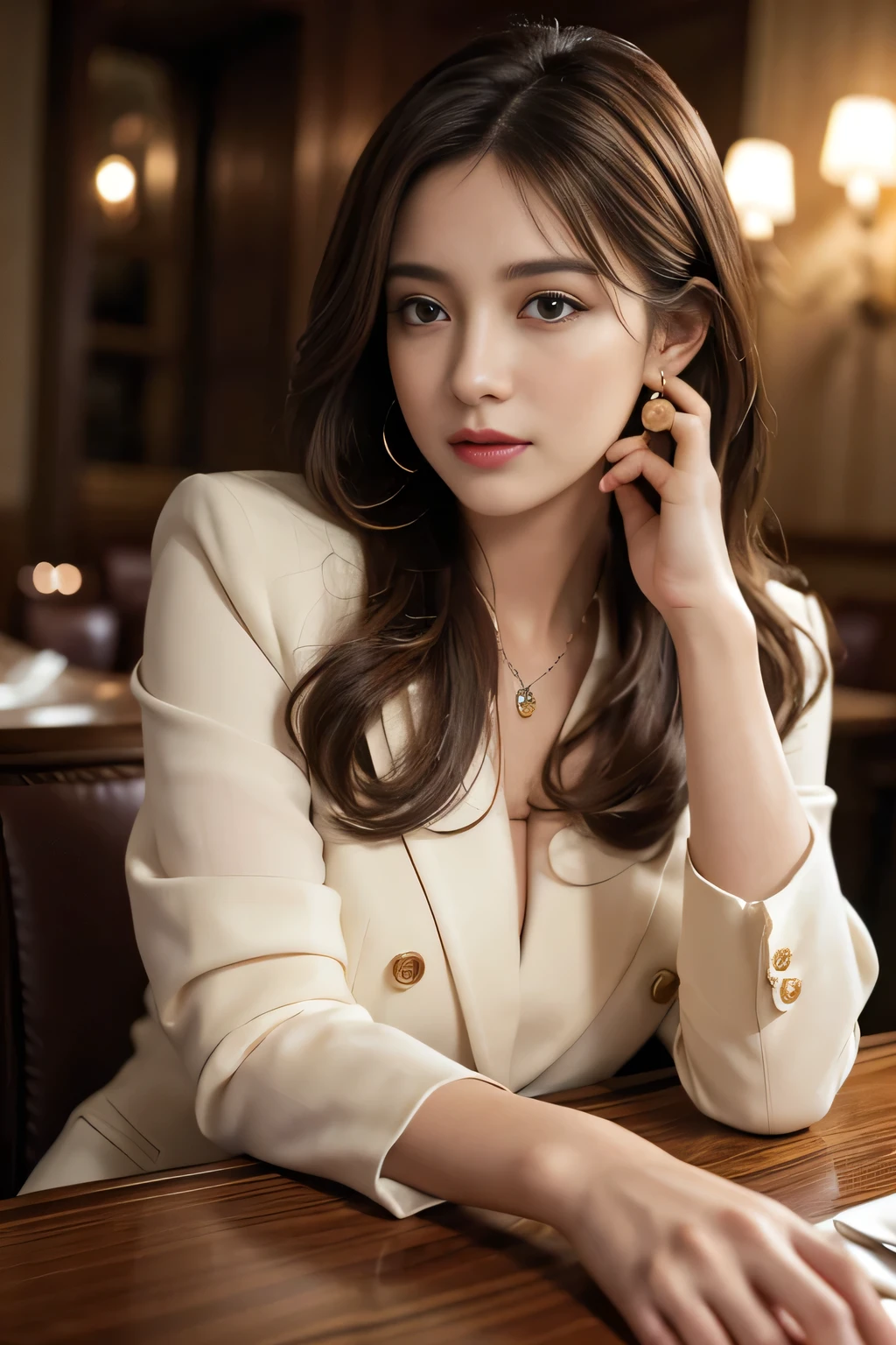 masterpiece, Highest quality, Realistic, Very detailed, Finer details, High resolution, 8k wallpaper, One beautiful woman, Wear a nice suit, In a great restaurant, At night, Light brown messy hair, Perfect dynamic composition, Beautiful and beautiful eyes、Big earrings、Sitting in a chair、
