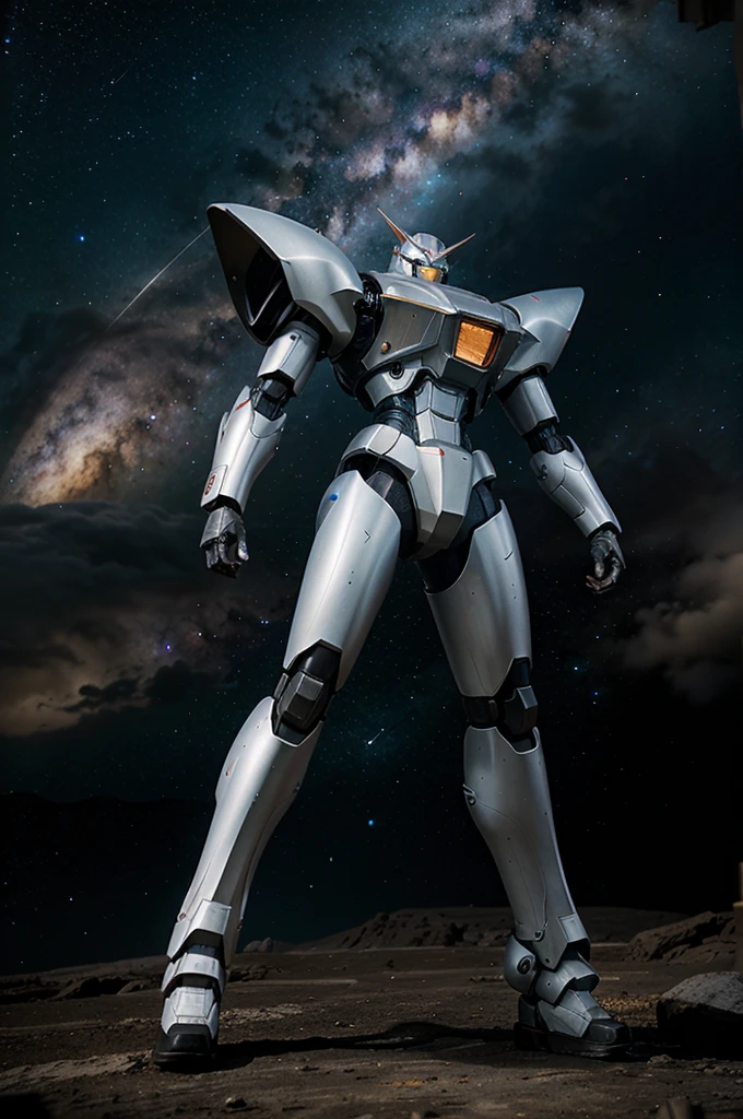 Mecha stands on the edge of the universe,Gazing at an unknown galaxy。