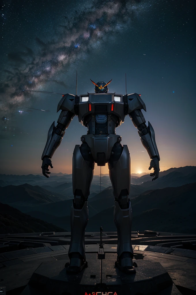 Mecha stands on the edge of the universe,Gazing at an unknown galaxy。