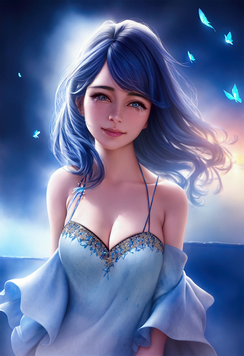 a beautiful 18 year old high school girl, with navy blue hair, in a fantasy blue world, smiling through tears, with blue butterflies flying around, watercolor painting style, (best quality,4k,8k,highres,masterpiece:1.2),ultra-detailed,(realistic,photorealistic,photo-realistic:1.37),extremely detailed face and eyes,beautiful detailed lips,longeyelashes,soft focus,bokeh,vivid colors,professional digital art