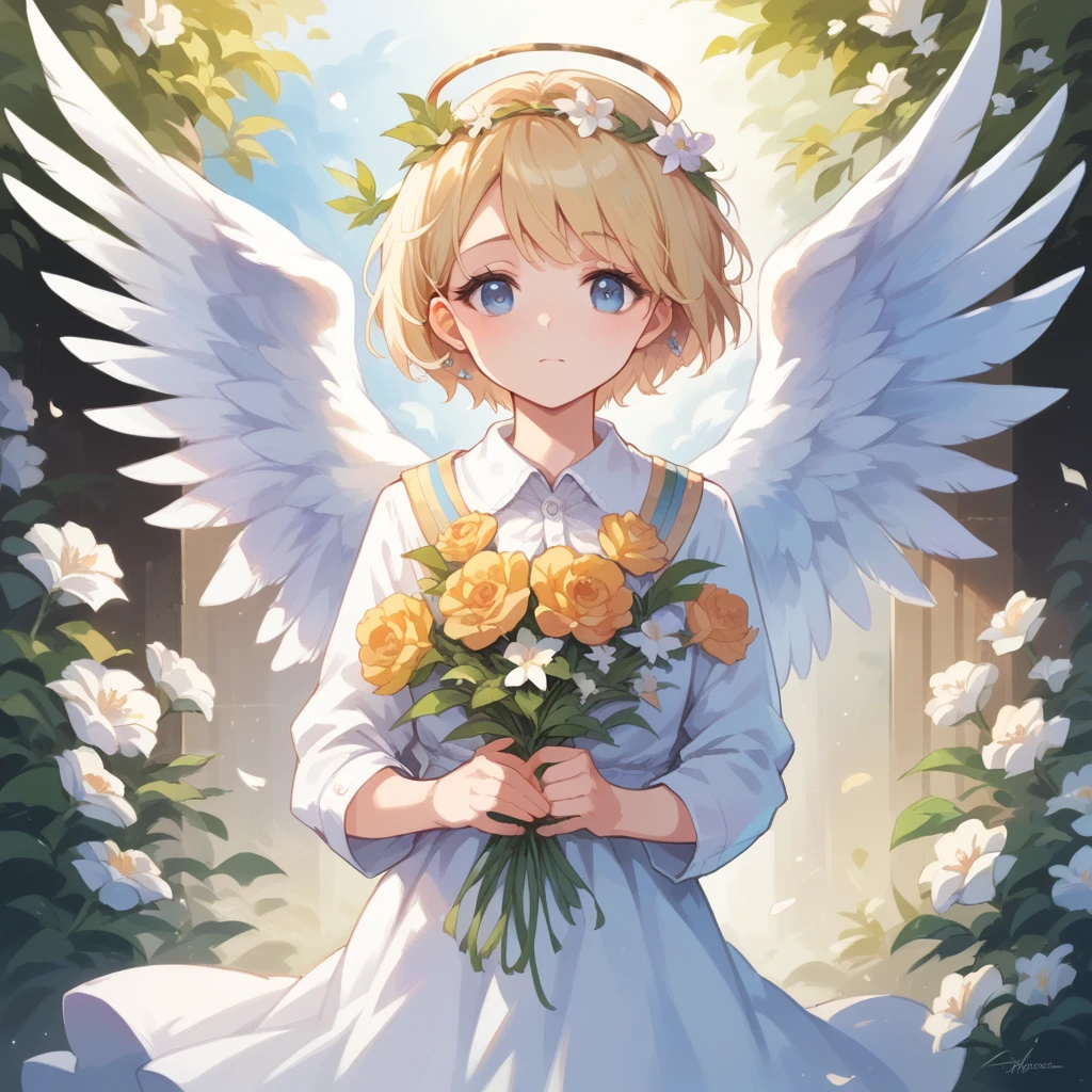 Behind the angel's wings,
One girl, masterpiece, Highest quality, Beautiful feathered back,short hair, Blonde,