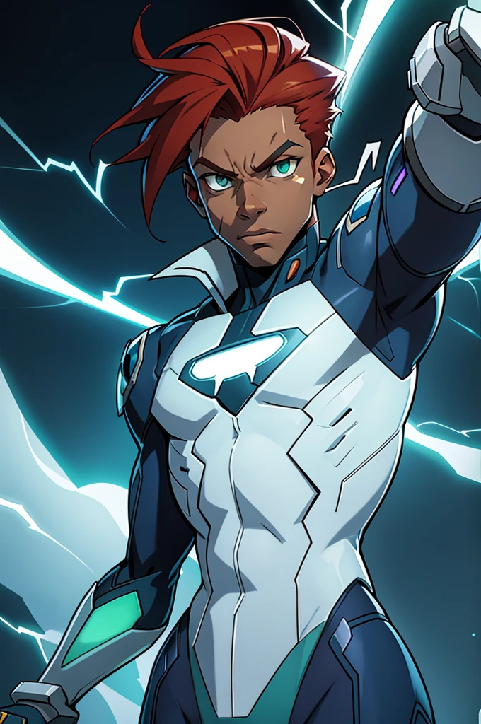 static shock, redhead with green eyes, white male, with clothes like static shock, with Rays coming out of the hand, style cartoon
