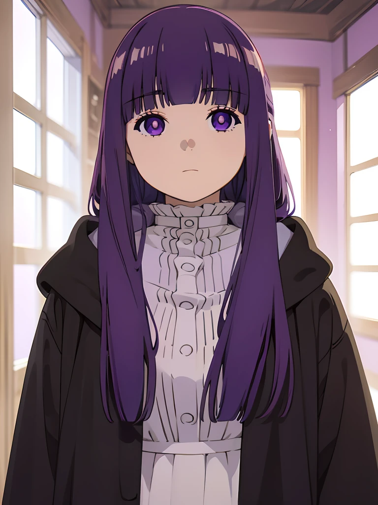 best quality, masterpiece, highres, solo, (fern_sousounofrieren:1.10), 1girl, closed mouth, purple scarf, coat, upper body, expressionless, looking at viewer, purple pupils, blue scarf, indoors, anime_style, 10