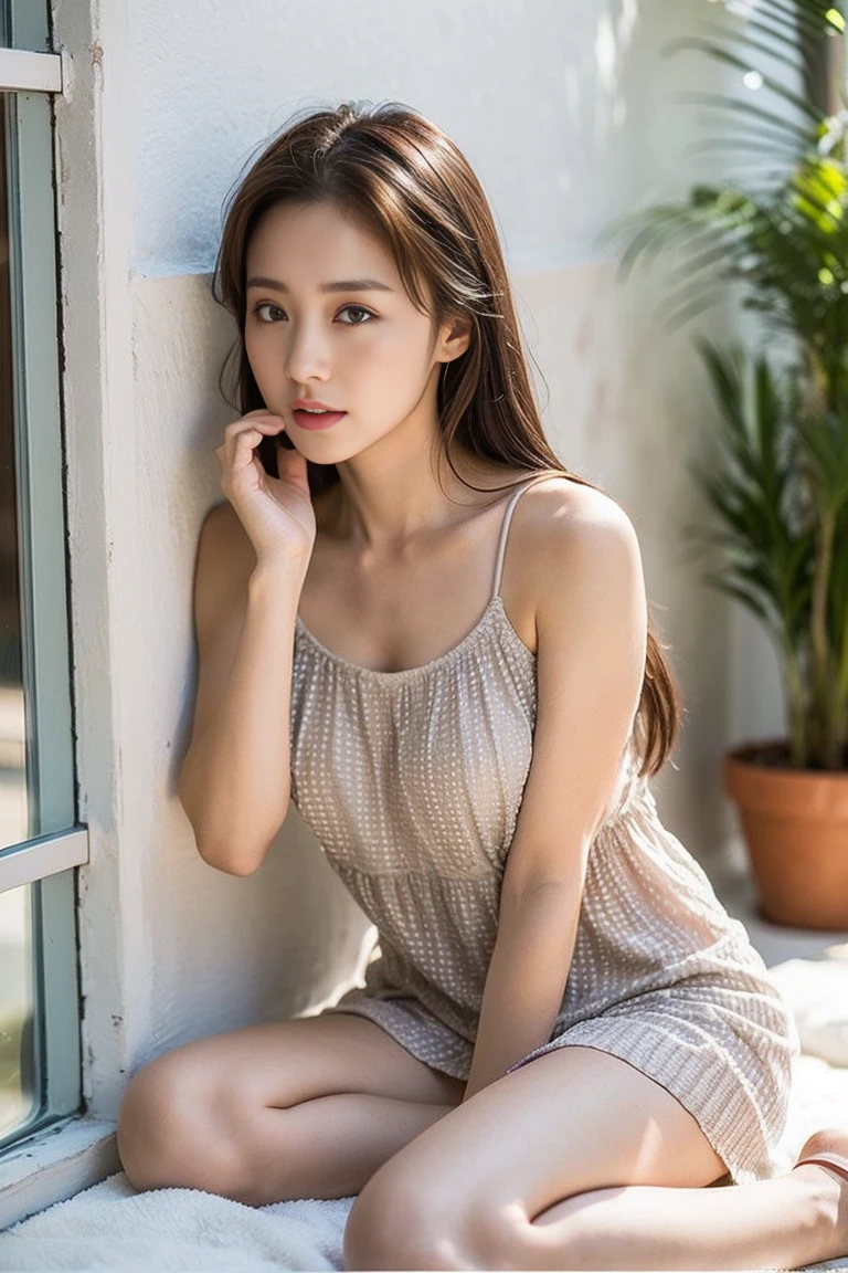 Dark brown hair、Light brown eyes、Japanese actress、 Lady、I am about 40 years old..、(Intricate details:1.2)、(Which one is on top??:1.4)、 (Ultra-high resolution:1.2)、Ultra-high resolution、(Finely tuned)、(Detailed facial features)、Hmph、8K resolution、D cup size breasts、Long Hair、Large windows、Extravagant space、relax、、,Full body photo、Head to toe shot、Beautiful legs、Camisole dress、Beautiful legs、A refreshing room filled with sunlight、she, household items, (plant:0.8), Fashion Hub, Extreme Detail, Very detailed, Realistic, Hourglass-shaped body, Obscene pose,、、私 cry a lot、tears、person on the left、White wall、White floor、diagonally from below、Please lift your chin、テーブルの上にsit、relaxした表情、Pose of Weakness、(auraroid photo:1.2)、From outside the window、Transparent Painting、8K、32k、Highest quality、(Details of both eyes)、1 Girl、elegant、(Loose dress :1.4)、sunset、sit、(Low Angle、From what angle do you see this?:1.2)、Hilarious、Leaning against a wall、