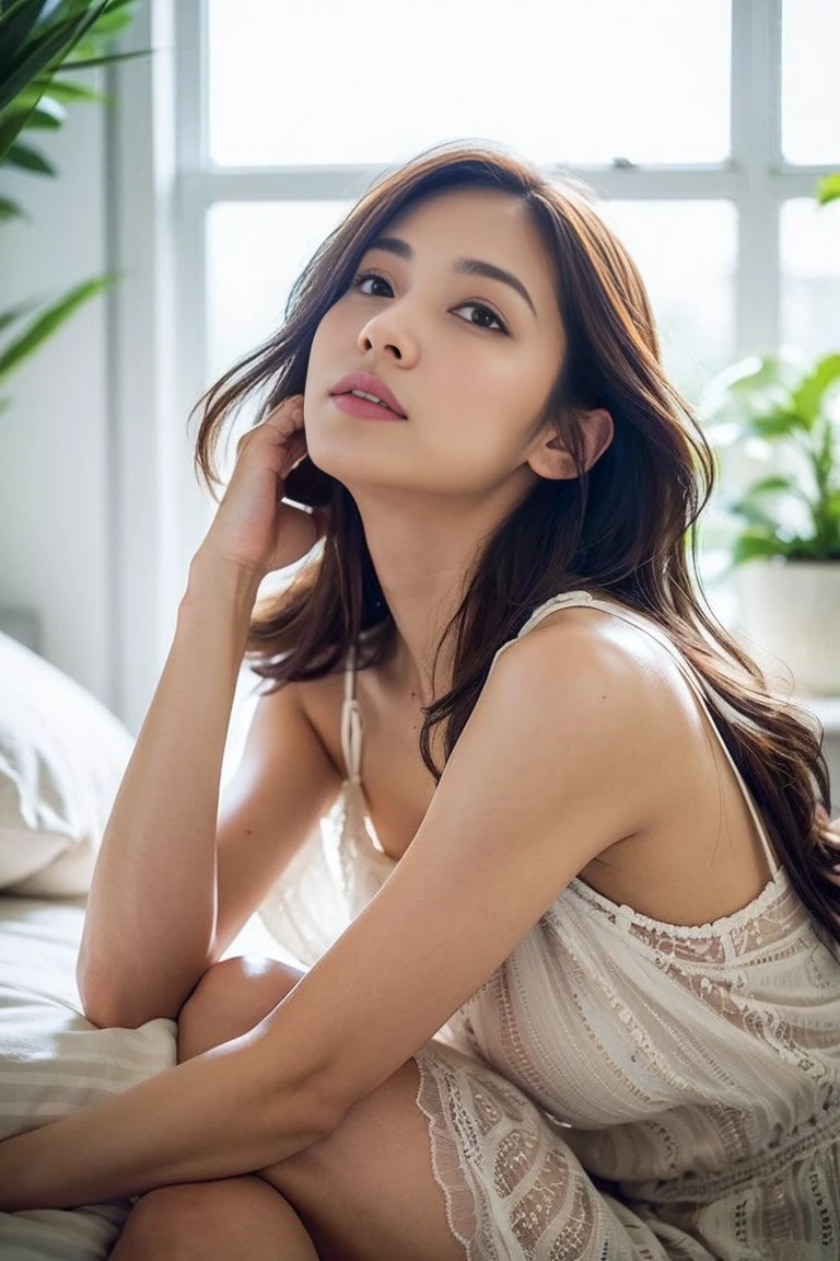Dark brown hair、Light brown eyes、Japanese actress、 Lady、I am about 40 years old....、(Intricate details:1.2)、(Which is more expensive????:1.4)、 (Ultra-high resolution:1.2)、Ultra-high resolution、(fine adjustment)、(Detailed facial features)、Hmph、8k解像度、D cup size breasts、Long Hair、Large windows、Extravagant space、relax、、,Full body photo、Head to toe shot、Beautiful legs、Camisole dress、Beautiful legs、Breezy, Sunny bedroom、On the bed、she, household items, (plant:0.8), Fashion Hub, Very detailedな, Very detailed, Realistic, Hourglass Shaped Body, Obscene pose,、、私 cry a lot、tears、person on the left、White wall、White floor、diagonally from below、please lift your chin、Put your butt against the wall、relaxした表情、Pose of Weakness、(auraroid photo:1.2)、From outside the window、Transparent painting、8k、32k、Highest quality、(Details of both eyes)、1 girl、elegant、(Loose dress :1.4)、sunset、sit、(Low Angle、I looked up and saw this:1.2)、Hilarious、Leaning against a wall、Looking into the camera、