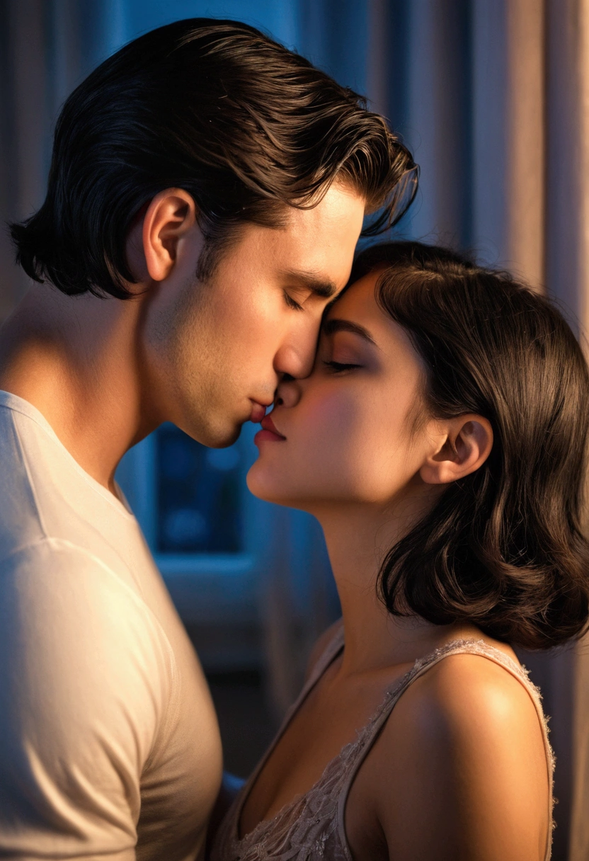 A handsome and cold-faced young man.. A girl with short black hair gently kisses a girl with long dark brown hair in her bedroom in the romantic atmosphere of the night.