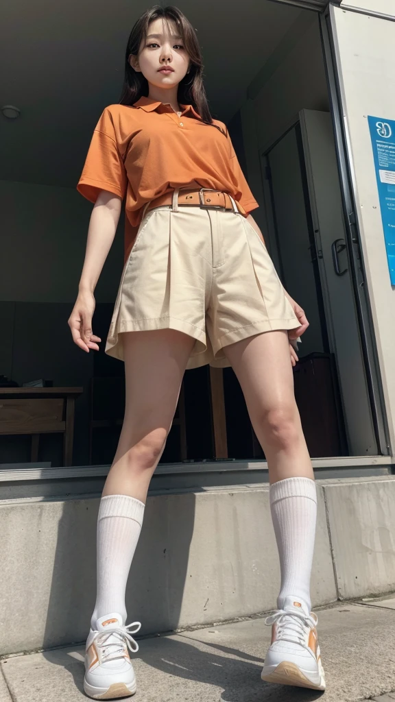 From below, a South Korean woman in her 40's standing. She is wearing an orange polo shirt, belt, beige chino shorts, white knee-high socks, and white tennis shoes. Her shoes are visible.