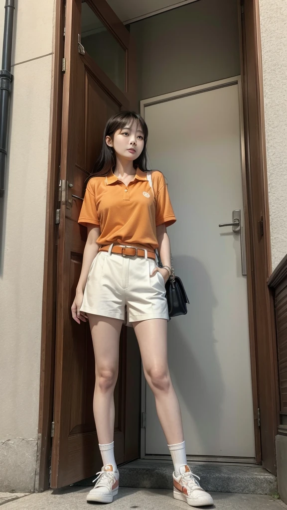 From below, a South Korean woman in her 40's standing. She is wearing an orange polo shirt, belt, beige chino shorts, white knee-high socks, and white tennis shoes. Her shoes are visible.