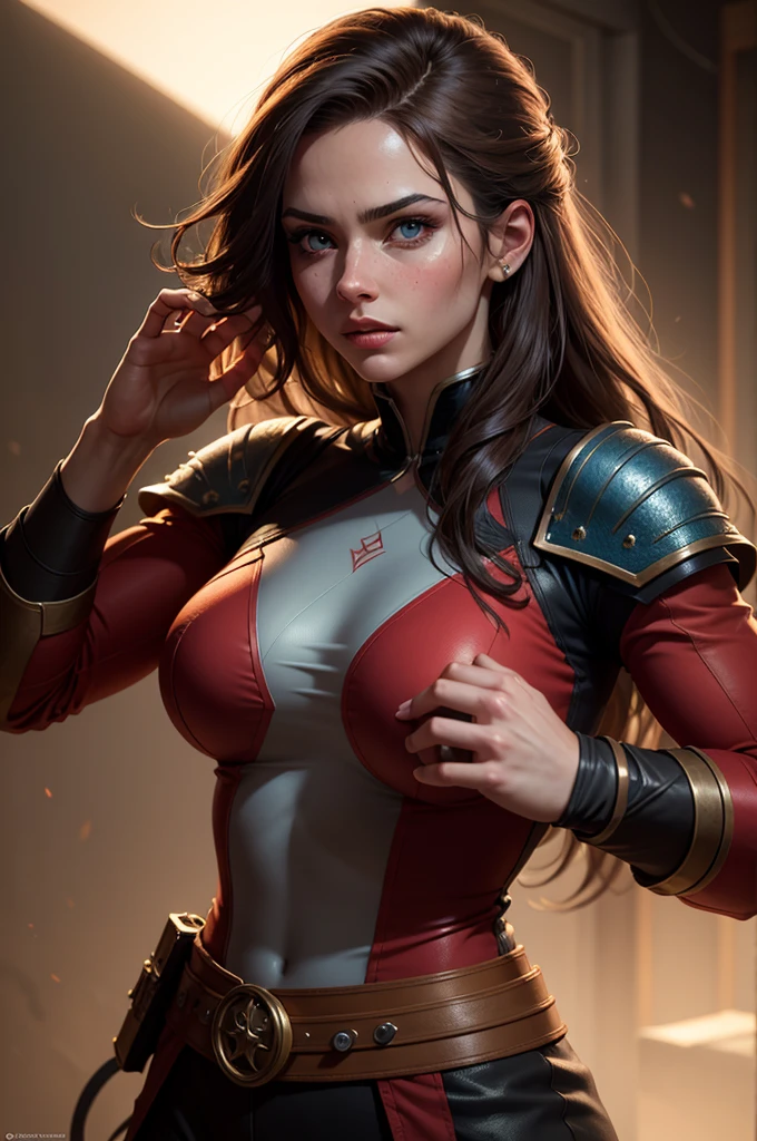 a beautiful young woman with long brown hair, master martial artist, fantasy character, masterfully detailed face, striking dramatic pose, cinematic lighting, highly detailed, hyper realistic, octane render, muted color palette, dramatic chiaroscuro lighting