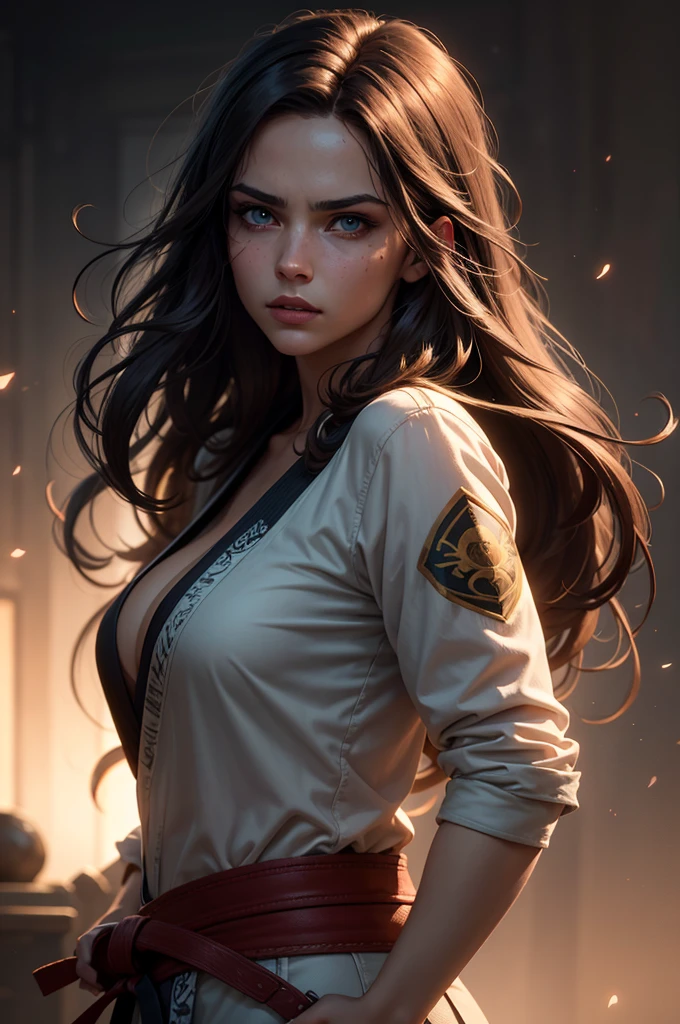 a beautiful young woman with long brown hair, master martial artist, fantasy character, masterfully detailed face, striking dramatic pose, cinematic lighting, highly detailed, hyper realistic, octane render, muted color palette, dramatic chiaroscuro lighting
