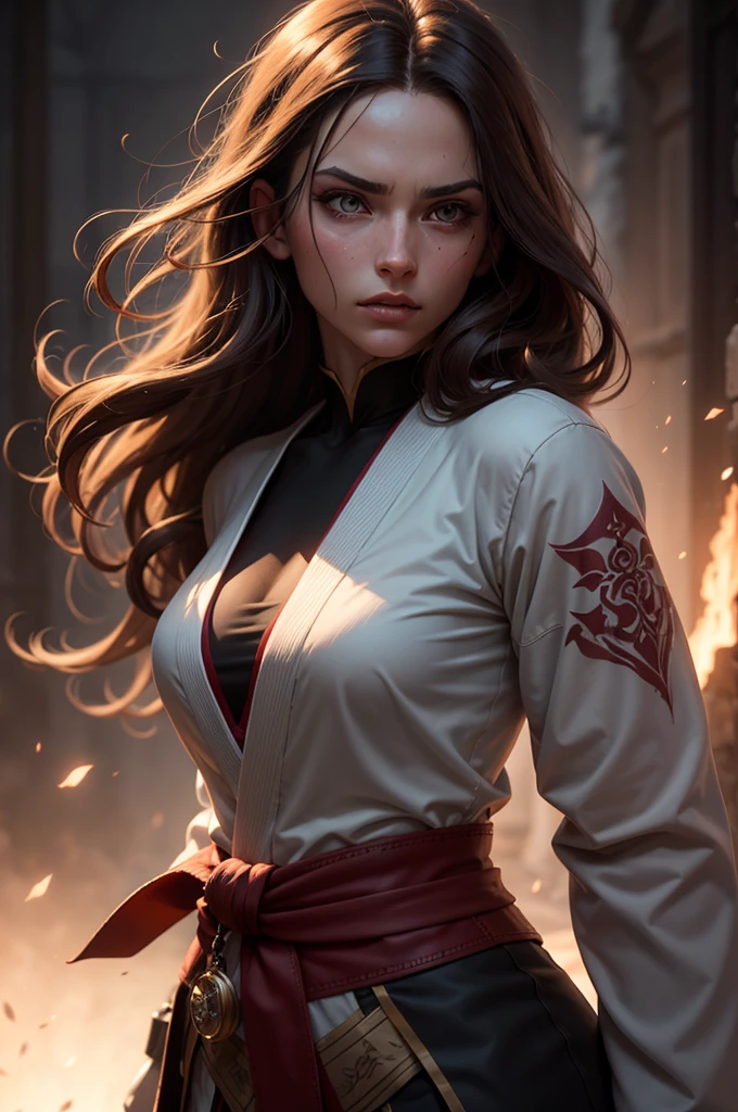a beautiful young woman with long brown hair, master martial artist, fantasy character, masterfully detailed face, striking dramatic pose, cinematic lighting, highly detailed, hyper realistic, octane render, muted color palette, dramatic chiaroscuro lighting