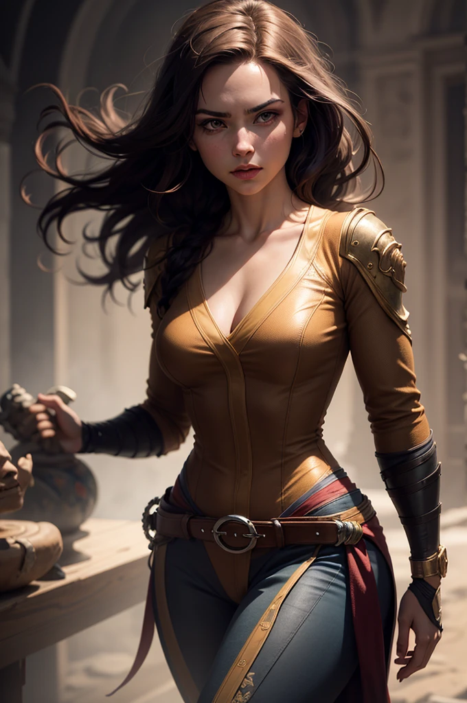 a beautiful young woman with long brown hair, master martial artist, fantasy character, masterfully detailed face, striking dramatic pose, cinematic lighting, highly detailed, hyper realistic, octane render, muted color palette, dramatic chiaroscuro lighting