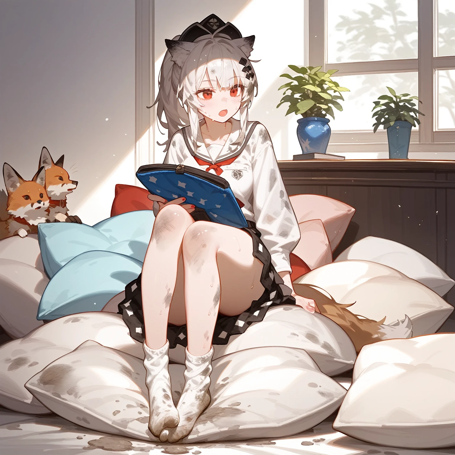 1 girl,dirty,foot,foot底,Red Eyes，breast,solitary,Long hair,White hair,,foot趾,foot部焦点,Looking at the audience,sit,Sweat,open mouth,dirty foot,Keep,indoor,Pillow,Bangs，White knee socks，Fox ears，There&#39;foot的泥土，，Uniforms，Japanese style，dirtyPillow，dirty床，女孩周围堆满Pillow，女孩踩踏着Pillow，大量Pillow，Pillow上肮脏，,(Deluxe Rococo Canopy King Bed),On a big and spacious bed,(),,,,Luxurious curtains with ornate ruffles and ribbons surround the bed,((((There are many pillows piled on the bed)))),Detail of Quilt,Detailed bed sheets,女孩踩在Pillow上，（详细的Pillow），