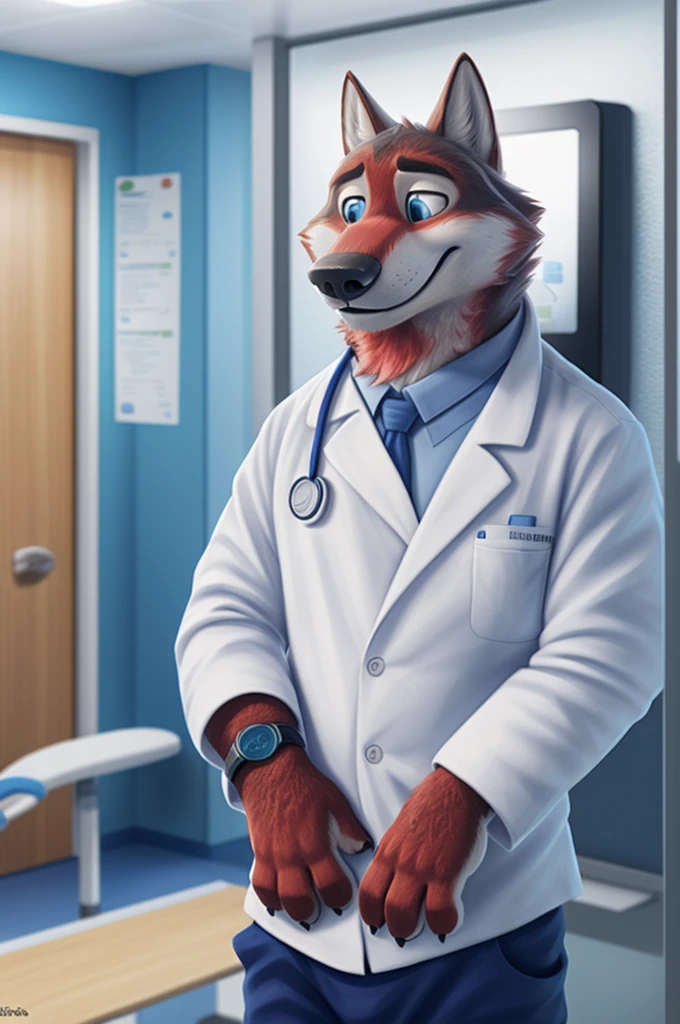 Joachim Wolfbach (Zootopia),tall handsome, wolf,young, 24 years, brown fur,(red body:1.3),Blue eyes, Moscow Dressed,gray medical gown,shirt pants,shoes,tie, BLUE, stethoscope, врач pediatrician,canine, wolf, detailed fur, Male, antro, paw pads, finger claws,Prays, at viewer, 5 fingers, paws, 5 fingers, smile, happy, resting, wrist watch,stethoscope,looks at the monitors, т nextel,hospital,bypasses пациентов, by xenoforge, (difficult, high detail, digital, photo, soft focus, RAW, pediatrician,ulba,tender, very kind, sincere, bypasses, patient, детский врач pediatrician,
photorealism, realistic, photorealistic, analog style, subsurface scattering, 
masterpiece, Best quality, ultra realistic, 8 K)