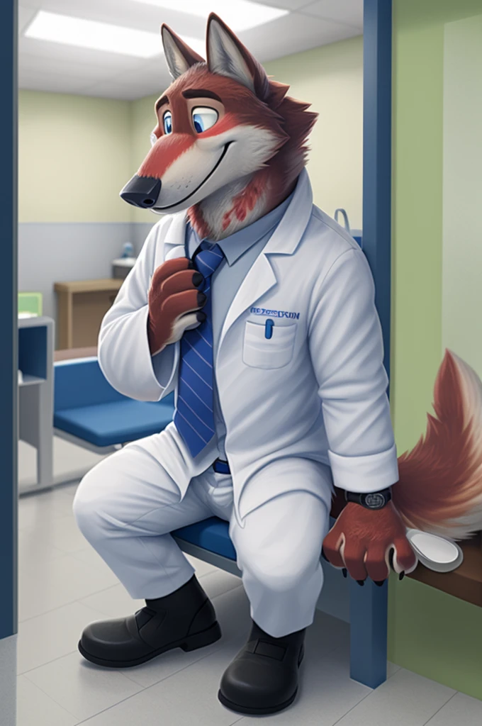 Joachim Wolfbach (Zootopia),tall handsome, wolf,young, 24 years, brown fur,(red body:1.3),Blue eyes, Moscow Dressed,gray medical gown,shirt pants,shoes,tie, BLUE, stethoscope, врач pediatrician,canine, wolf, detailed fur, Male, antro, paw pads, finger claws,Prays, at viewer, 5 fingers, paws, 5 fingers, smile, happy, resting, wrist watch,stethoscope,looks at the monitors, т nextel,hospital,bypasses пациентов, by xenoforge, (difficult, high detail, digital, photo, soft focus, RAW, pediatrician,ulba,tender, very kind, sincere, bypasses, patient, детский врач pediatrician,
photorealism, realistic, photorealistic, og style, subsurface scatng, 
masterpiece, Best quality, ultra realistic, 8 K)