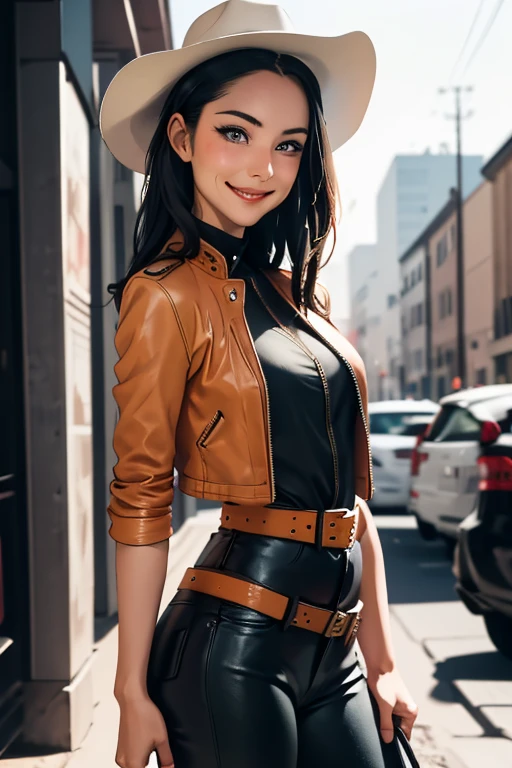 Wilderness in the background,Cowboy fashion sheriff,Gunslinger Costume,Leather jacket with open front,Put the gun belt around your waist,holster,Cowboy hat,Generate images of beautiful women from around the world,Especially while reflecting elements of Western beauty,A woman with a natural smile and attractive facial expression,A woman with a natural smile and attractive facial expression,Clear Skin,Eyes sparkling,Expresses an elegant atmosphere,(In 8K, RAW Photos, Highest quality,