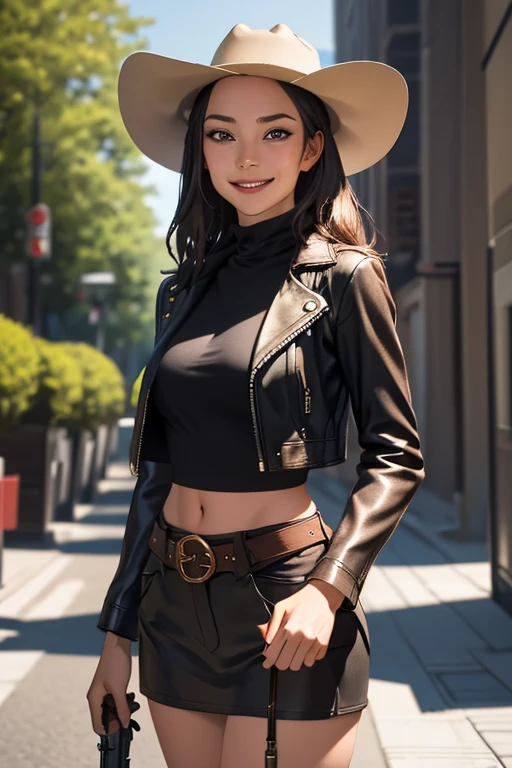 Wilderness in the background,Cowboy fashion sheriff,Gunslinger Costume,Leather jacket with open front,Put the gun belt around your waist,holster,Cowboy hat,Generate images of beautiful women from around the world,Especially while reflecting elements of Western beauty,A woman with a natural smile and attractive facial expression,A woman with a natural smile and attractive facial expression,Clear Skin,Eyes sparkling,Expresses an elegant atmosphere,(In 8K, RAW Photos, Highest quality,
