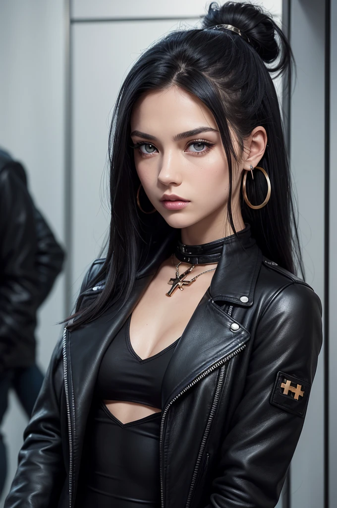 19 year old girl (characteristics: Eyes red, black hair with bright red tips, runes and veins on the neck and arms) 
(vestimentas: Black leather jacket and black leather pants) 
(scenario: Luxurious room) 
(Pose: sitting on a bed) 
No universo da série shadowhunters, realisitic, high qualiy, good lighting