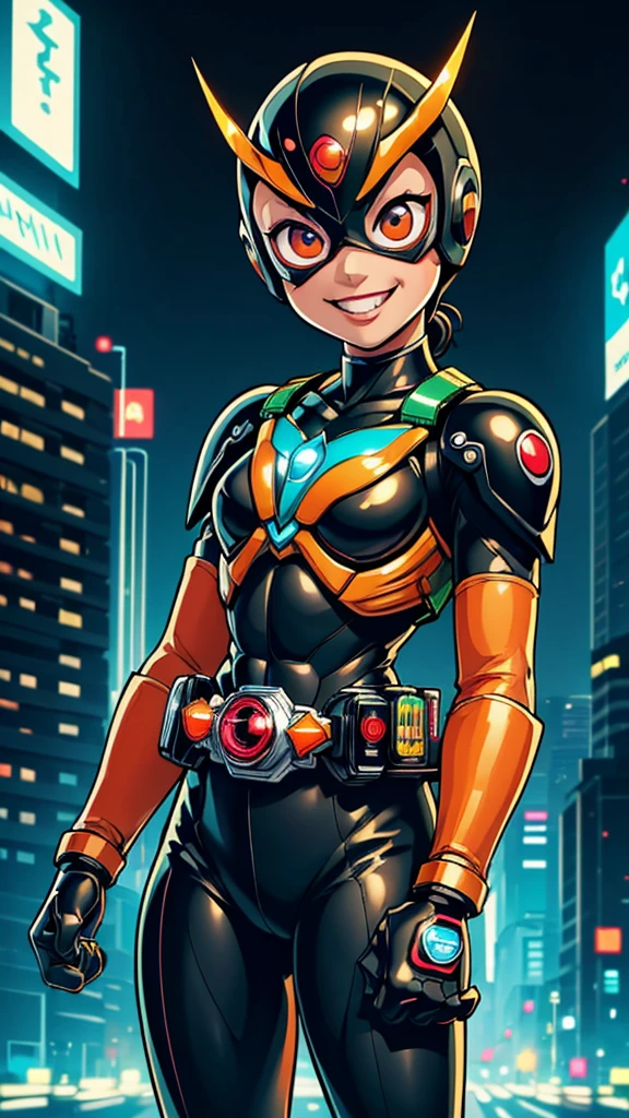 (8k),(masterpiece),(Japanese),(8-year-old girl),((innocent look)),((Childish)),From the front,smile,cute,Innocent,Kind eyes,Flat chest,black helmet,orangedomino mask,Tiana, bald,no Hair,Strong wind,night,dark, Neon light cyberpunk city,Kamen_Rider,camisa