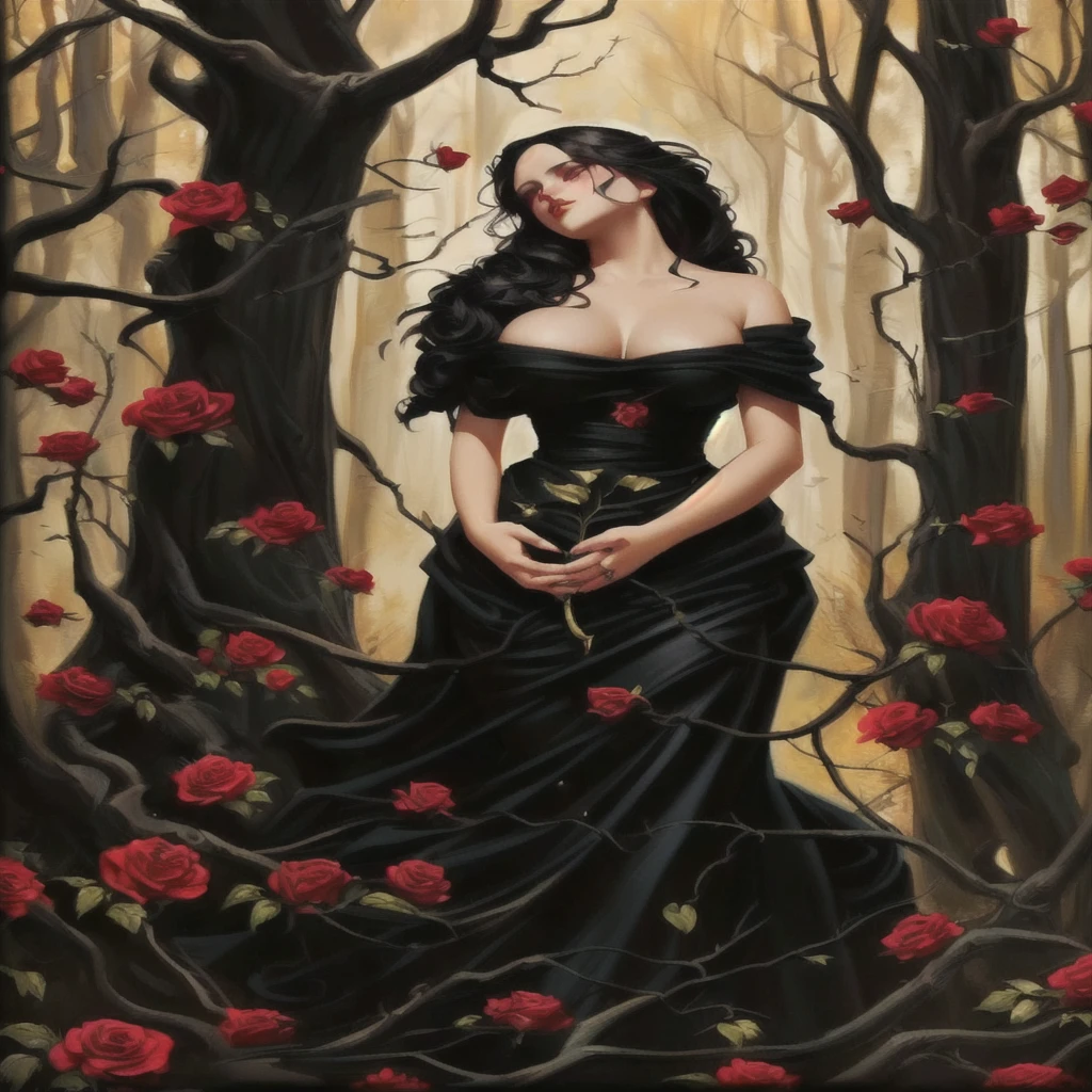 a painting of a woman in a black dress standing in a forest, she is the queen of black roses, persephone as goddess of death,  earley, persephone, persephone in spring, ray swanland, Huge tits. artstyle tom bagshaw, jana brike art, by Eddie Mendoza, dark beauty, gothic maiden, gothic painting, detailed 3d gothic oil painting
