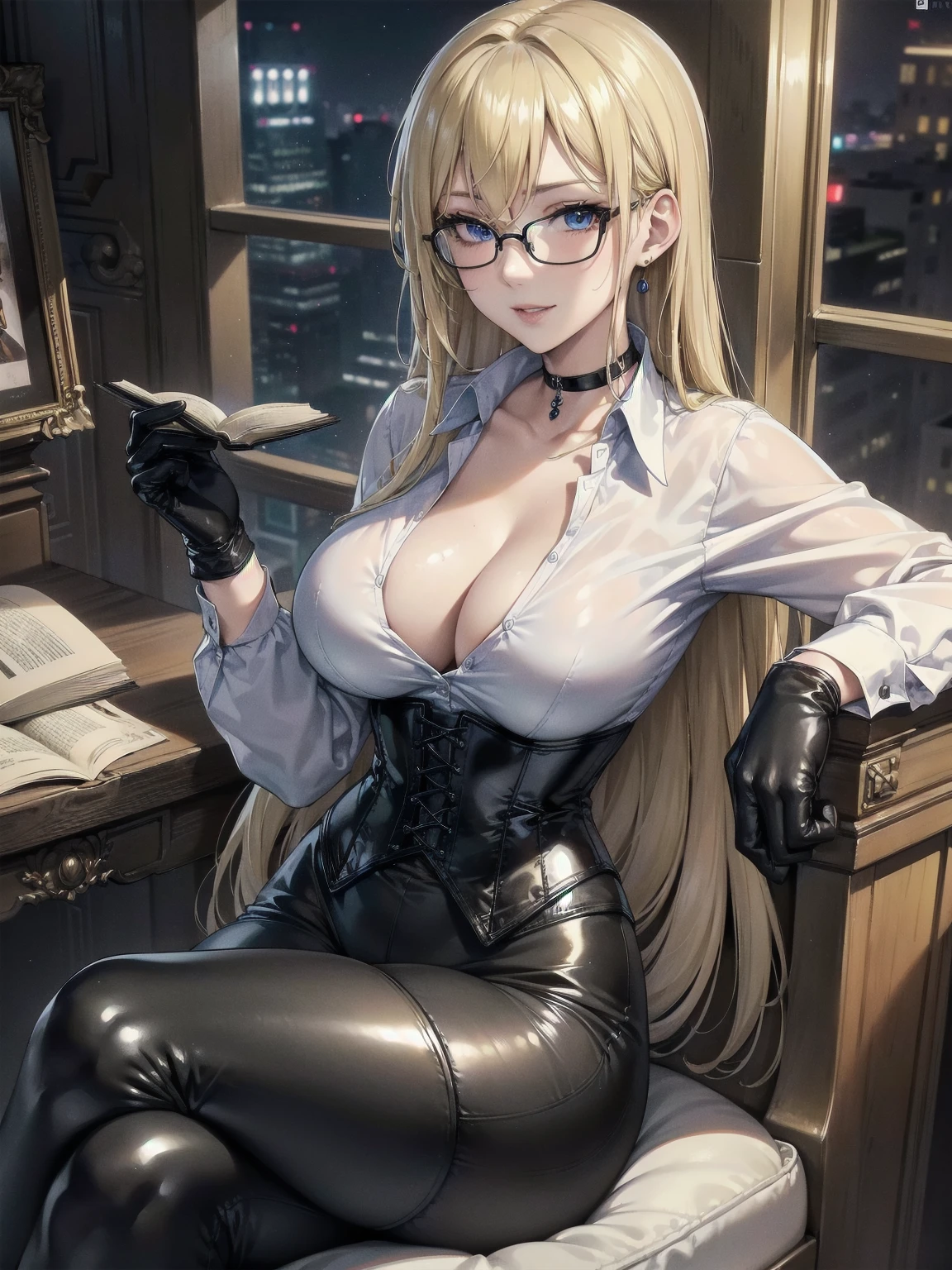 Masterpiece, Superior image quality, high resolution, 4k image,photo and gross, photorealistic, whole body, ung blonde of 15 years, sitting on a chair, {{{vagina}}}, big breasts, beautiful face, Long blonde hair, blue eyes, very detailed eyes, seductive expression, draw smile, glasses, choker:1.6, (white collar button down long sleeve shirt), black gloves, gloves that cover hands, (holds a book with his right hand), (black leather corset), (shiny black leggings), Sensual Lips, show details in the eyes, View from above, looking at the viewer, sitting in a library, at daytime