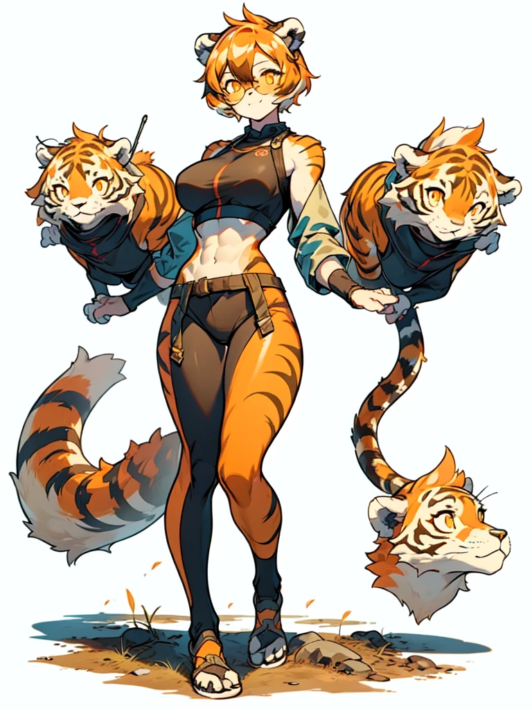 white background, full body,1girl，solo, Standing, animal ears, white hair, black hair, short hair, large breasts, Abdominal muscles,, tail, orange eyes, orange hair, multicolored hair, tiger girl, hair between eyes, tiger_ears, tiger_tail, orange-tinted_eyewear, tinted_eyewear, big breasts, evil smile, Shadows under feet,  (((Fallout4 outfit:1.2))),