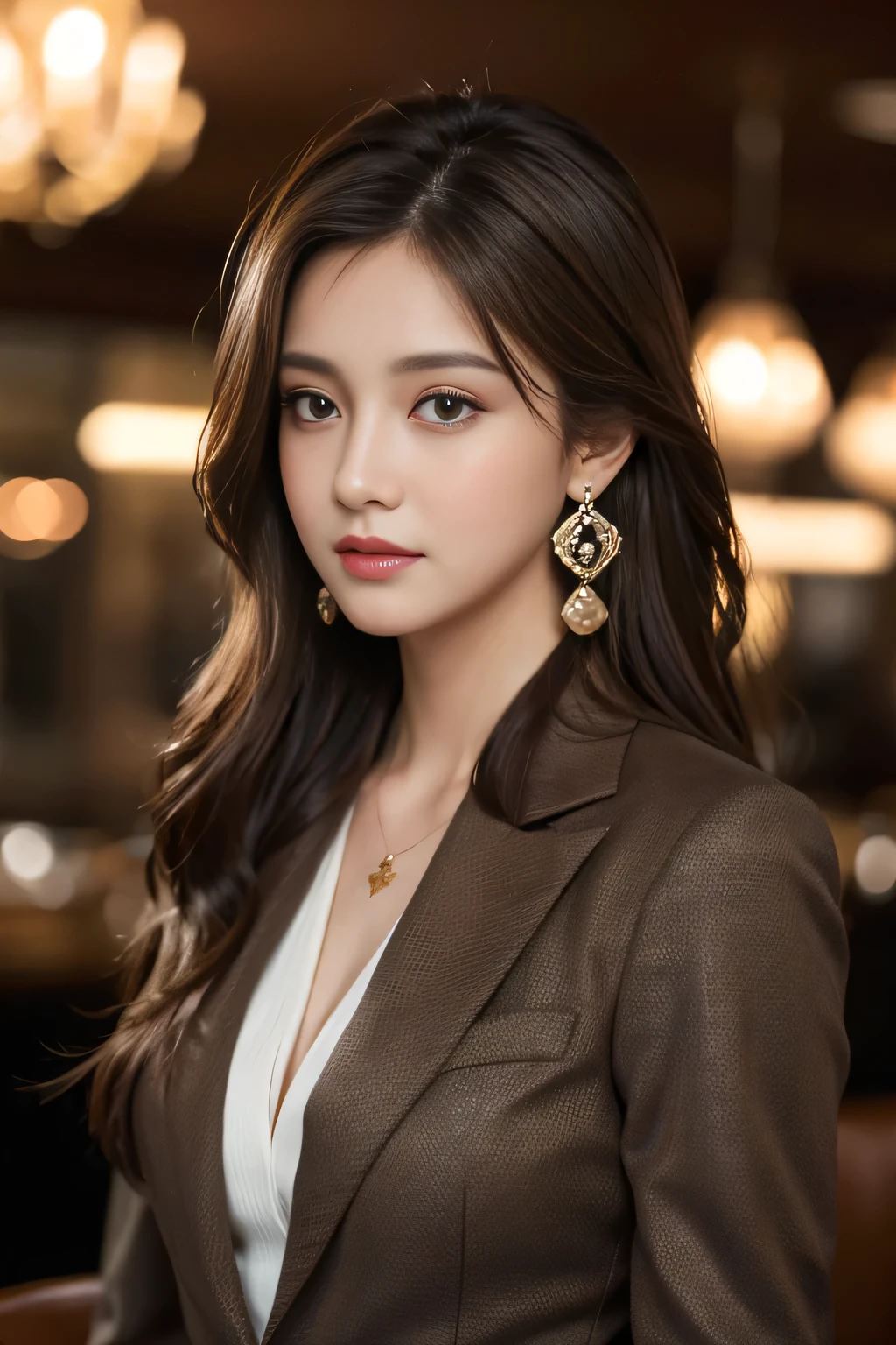 masterpiece, Highest quality, Realistic, Very detailed, Finer details, High resolution, 8k wallpaper, One beautiful woman, Wear a nice suit, In a great restaurant, At night, Light brown messy hair, Perfect dynamic composition, Beautiful and beautiful eyes、Big earrings、