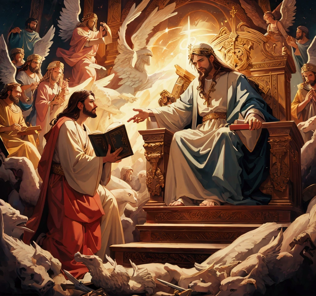 painting of God sitting on a throne with angels surrounding him, sat in his throne, bible illustration, biblical painting, religious painting, epic biblical depiction, biblical art, catholic religious art, divine realm of gods, christian art, beautiful depiction, heaven on earth, religious art, by Hristofor Žefarović, by Arthur Pan, sitting on his throne