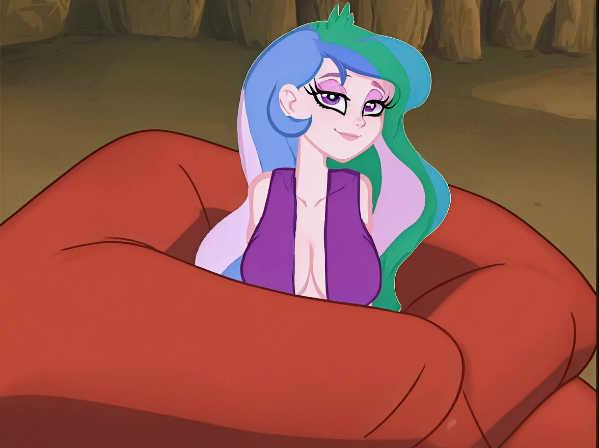 there is a cartoon of a woman with blue hair and a purple dress, sexy pudica pose gesture, holding a pudica pose, anthropomorphic mare, doing a hot majestic pose, windy mane, wistful bosom, serpentine pose, scales covering her chest, scales on her chest, nefarious smirk