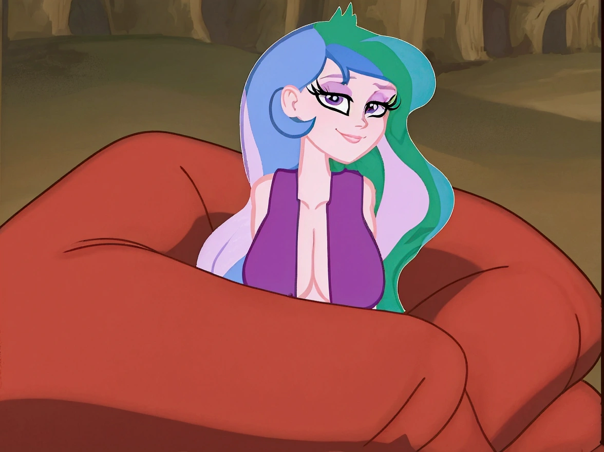 there is a cartoon of a woman with blue hair and a purple dress, sexy pudica pose gesture, holding a pudica pose, anthropomorphic mare, doing a hot majestic pose, windy mane, wistful bosom, serpentine pose, scales covering her chest, scales on her chest, nefarious smirk