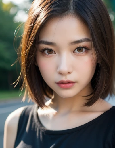best quality, face focus, soft light, ultra high res, (photorealistic:1.4), RAW photo,
1chinese girl, solo, cute, (pupil, lights in the eyes), detailed beautiful face, (small chest),(high resolution detail of human skin texture),
(hort hair),
Outdoor,
Black T-Shirt,
(portrait)