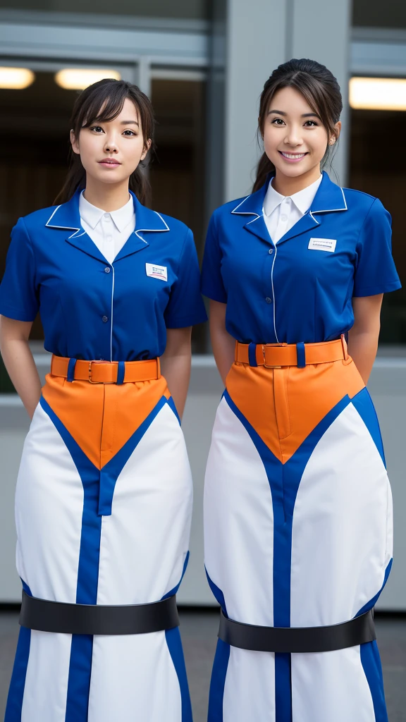 Create an image of two theme park employees standing side by side. They should be wearing matching uniforms that feature a futuristic design with blue as the primary color and orange accents. The uniforms should include black undershirts, black belts, and light blue pants. Both employees should have name tags on their chests. The background should be slightly blurred to focus on the employees.

